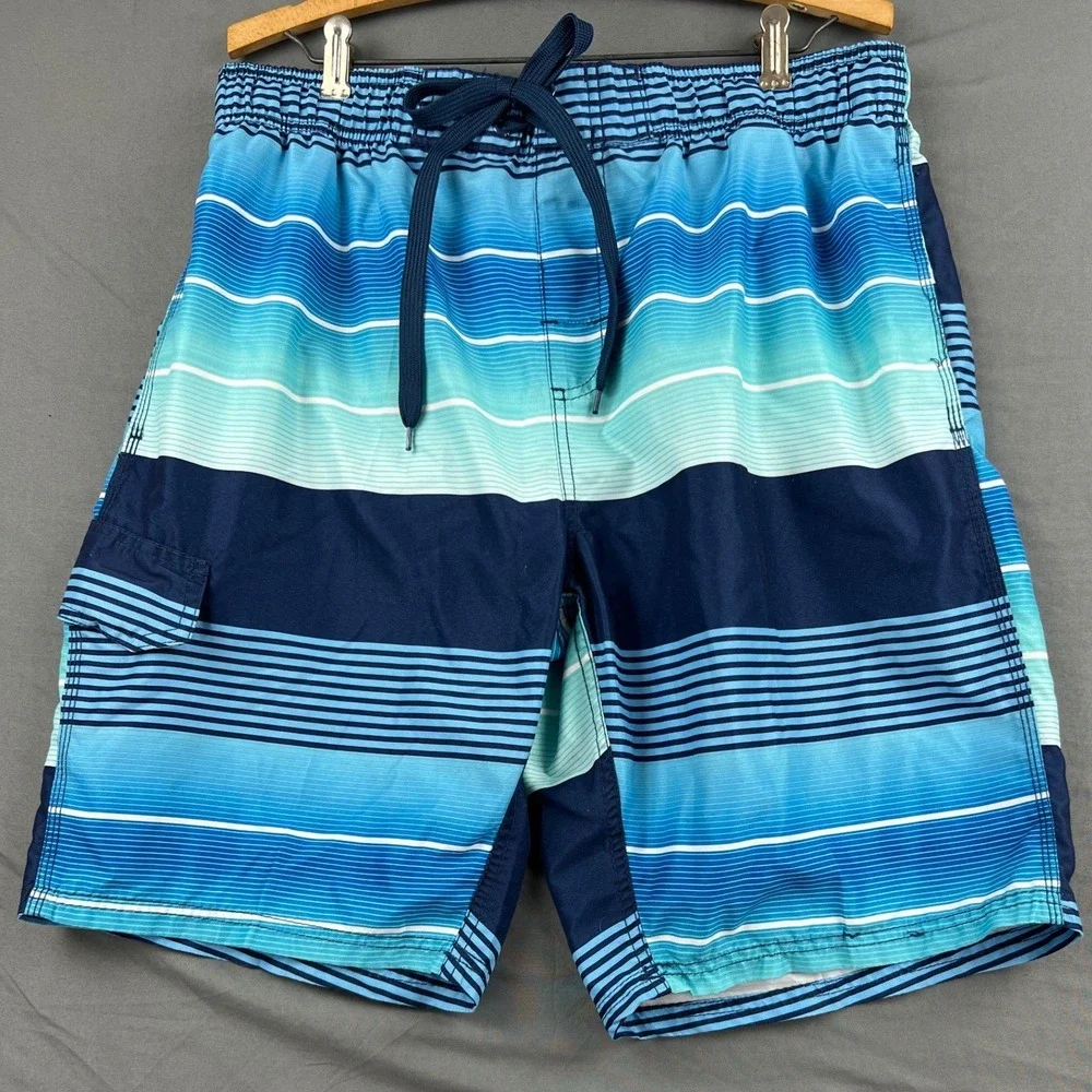 Kanu Surf Swim Trunks Mens XL Striped Board Shorts Blue Cargo Pocket Good